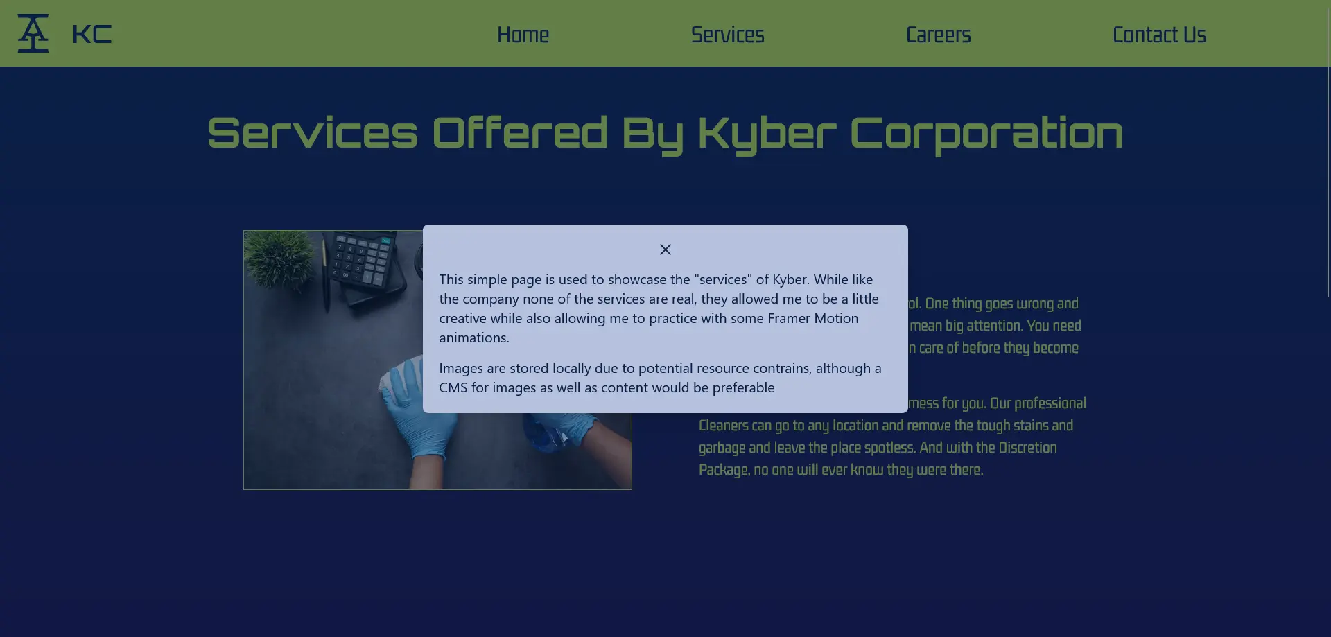 Desktop services page with information modal open