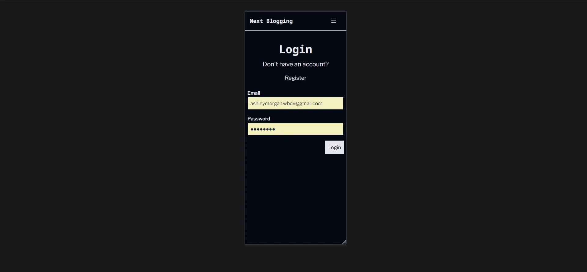 The dark mode mobile version of a login page