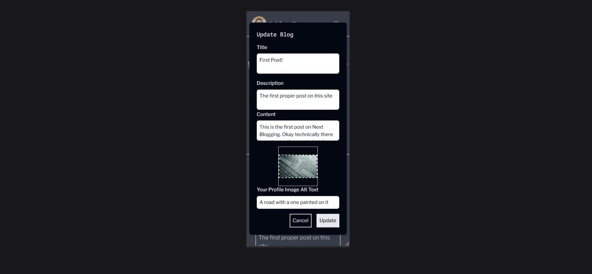 The dark mode mobile version of a blog site update post function