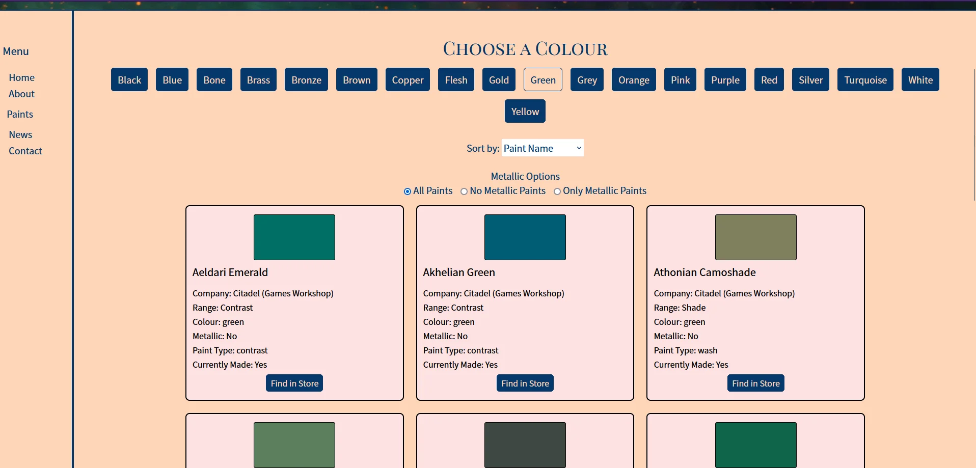The desktop paint colour selector for The Paint Atheneum with green selected