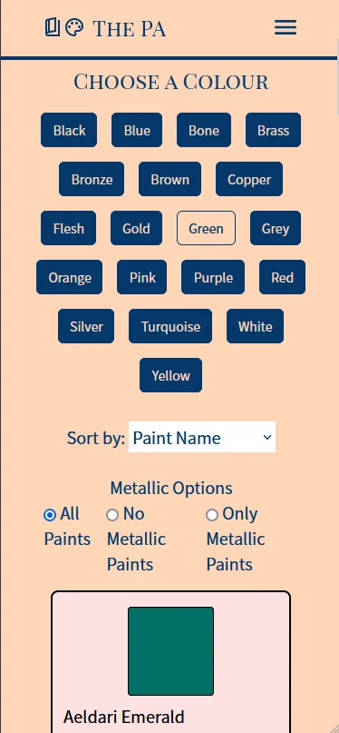 The mobile paint colour selector for The Paint Atheneum with green selected